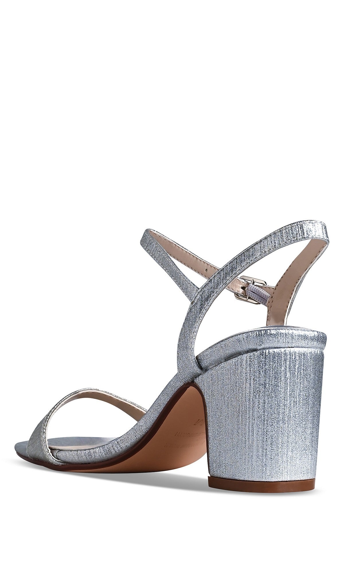 True Silver Prom Shoes: Touch Ups 4768 features a silver glitter block heel, open toe, crossing ankle straps, and buckle closure. Displayed from a rear side angle against a white background.